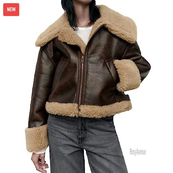 Large Faux Leather Biker Jacket with Sherpa Lining, Winter Coat - Picture 3 of 8